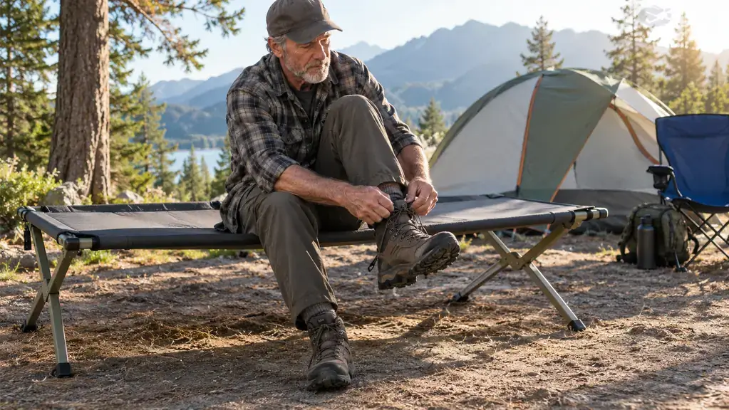A camper sitting on an elevated folding camp cot pulling on boots outside a tent