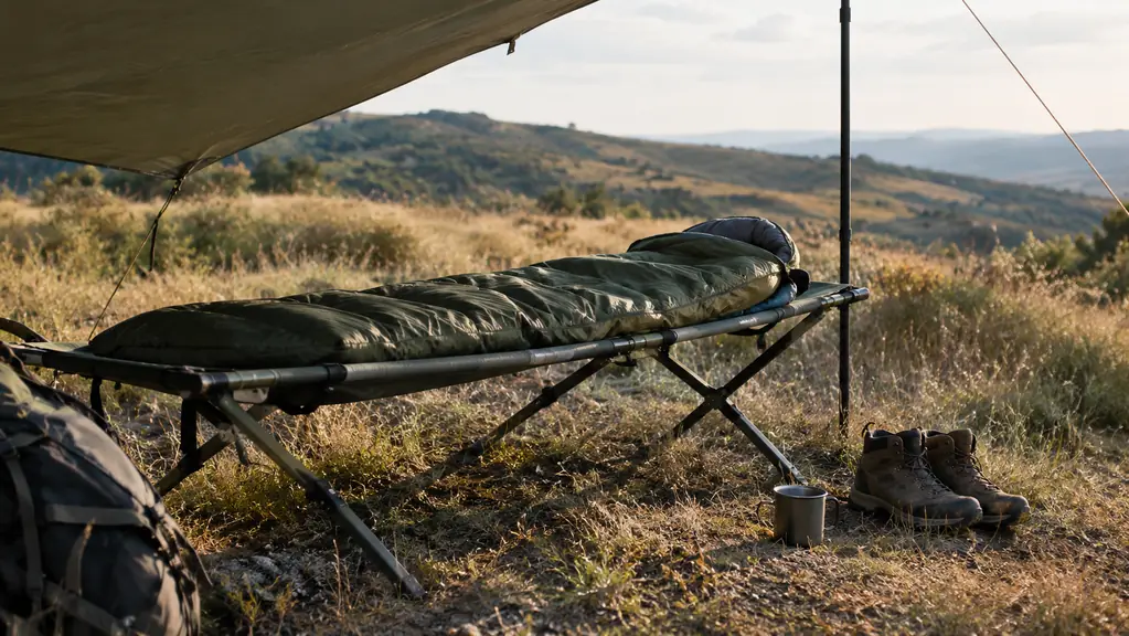 A camp cot with a sleeping bag laid out under a small tarp, boots on the ground beside it