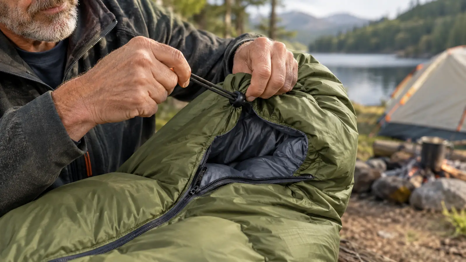 A person pulling a drawcord on a sleeping bag hood