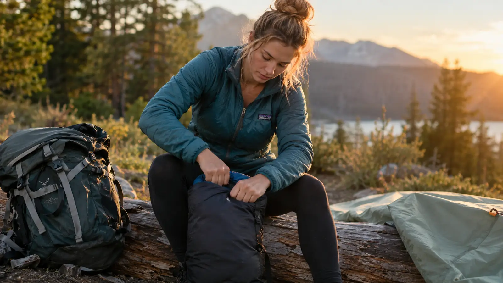 A person packing a sleeping bag into a compression sack next to a backpack