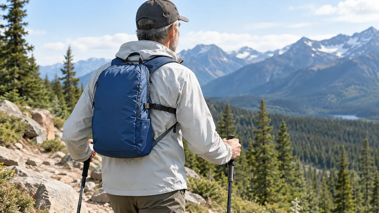 Hiker on a rocky trail wearing a packable daypack over a light jacket, seen from behind