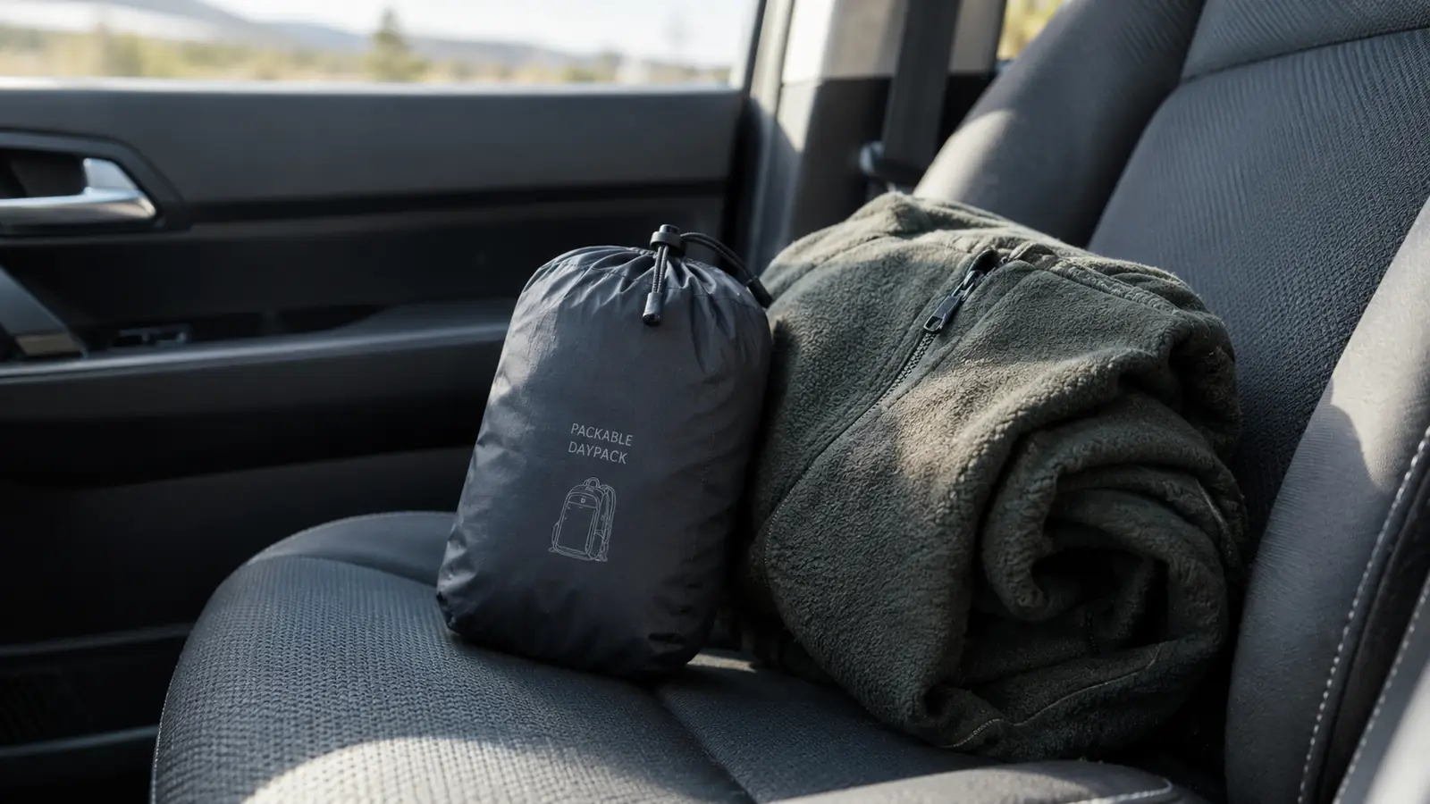 Packable daypack folded into its own small stuff sack on a vehicle seat next to a rolled up fleece