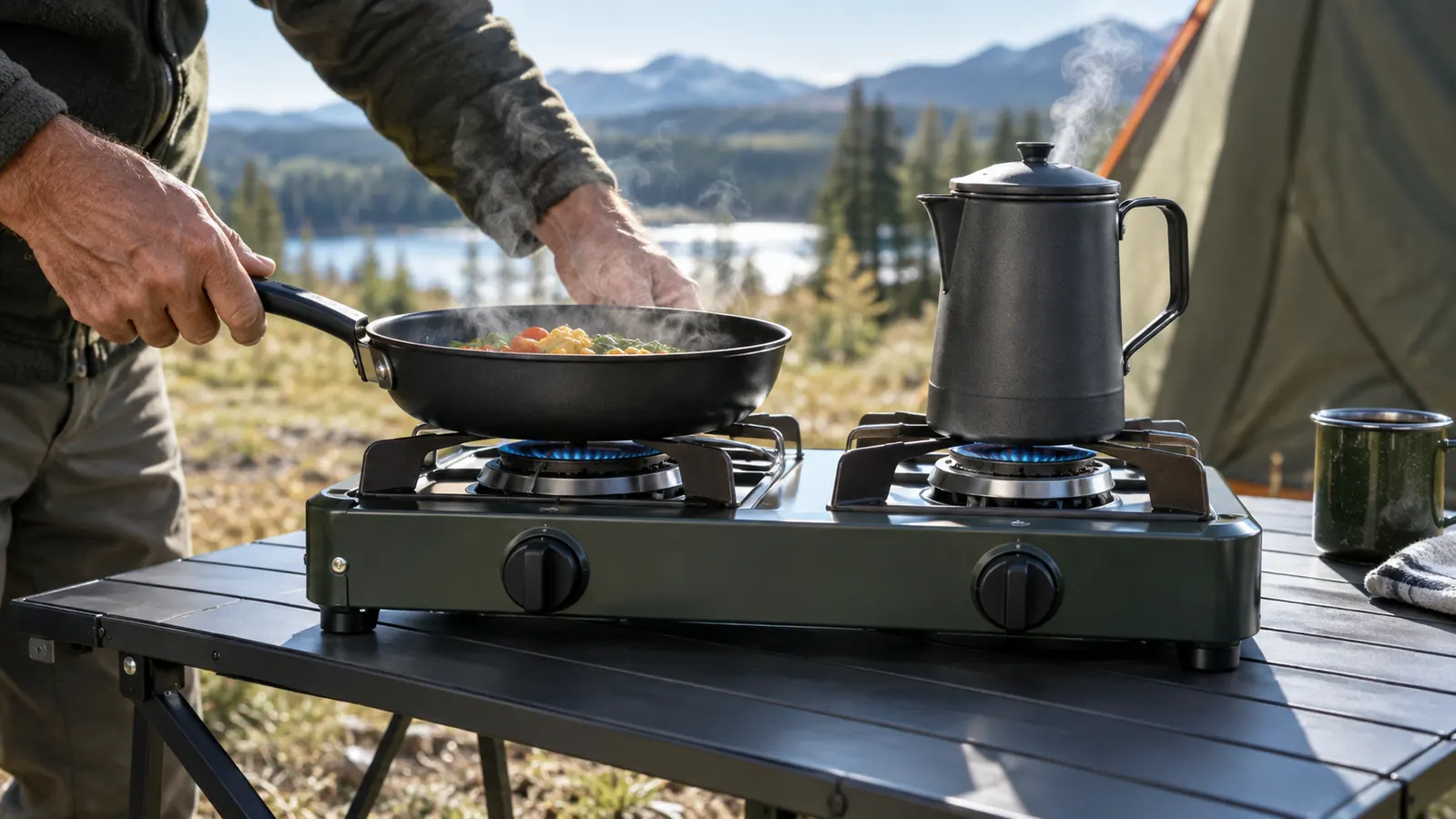 Close view of the two-burner stove on a camp table with a frying pan on one burner and a coffee pot on the other, morning light