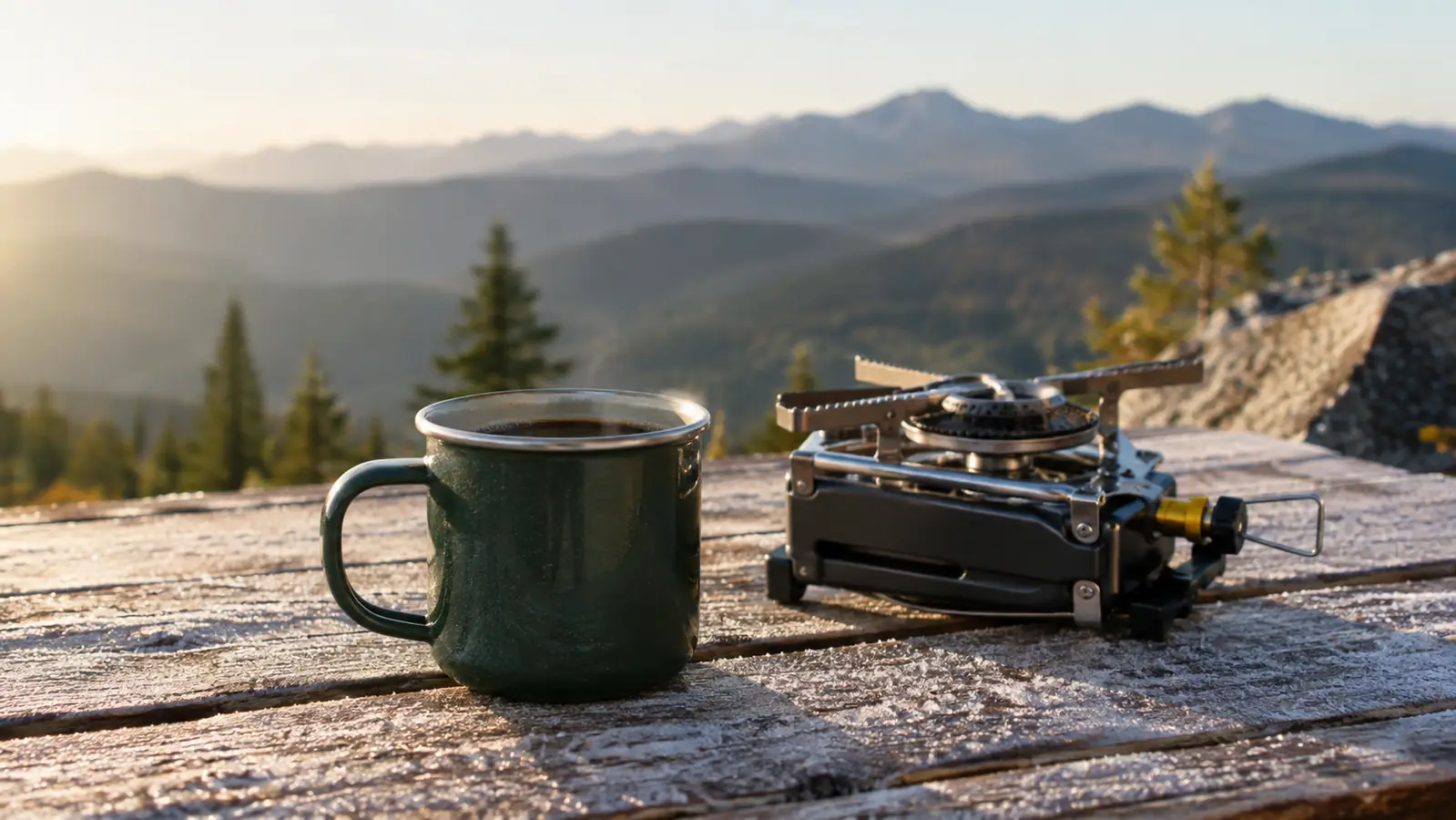 A camping mug of coffee on a picnic table next to the folded two-burner stove, frost on the table in early morning, mountains behind