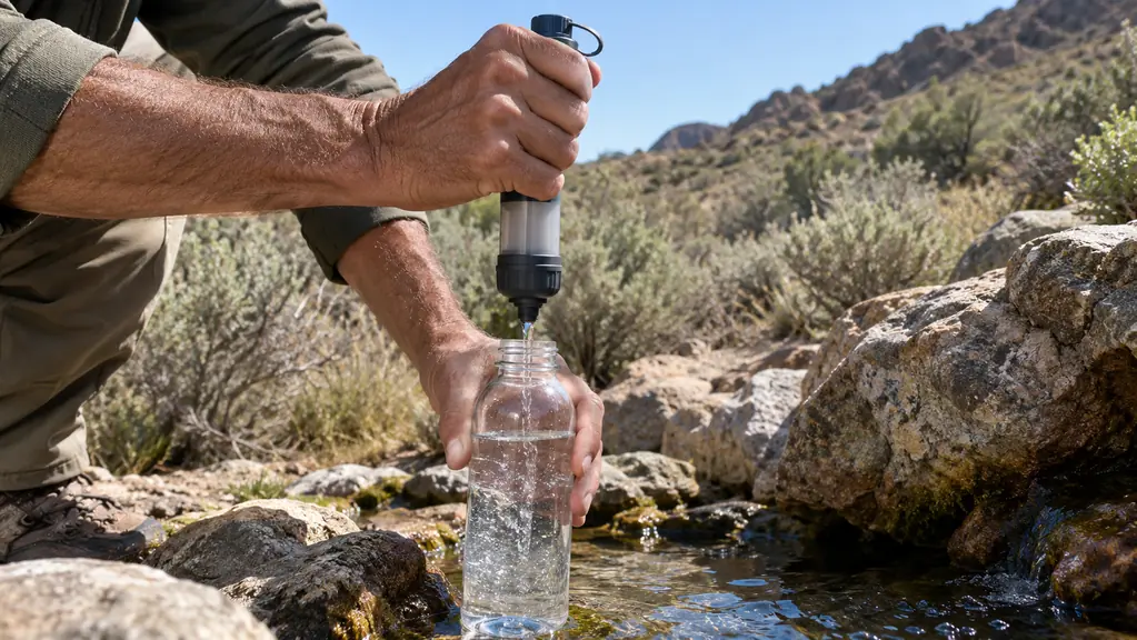 A hiker squeezing water through a filter into a clear plastic bottle at a rocky desert spring