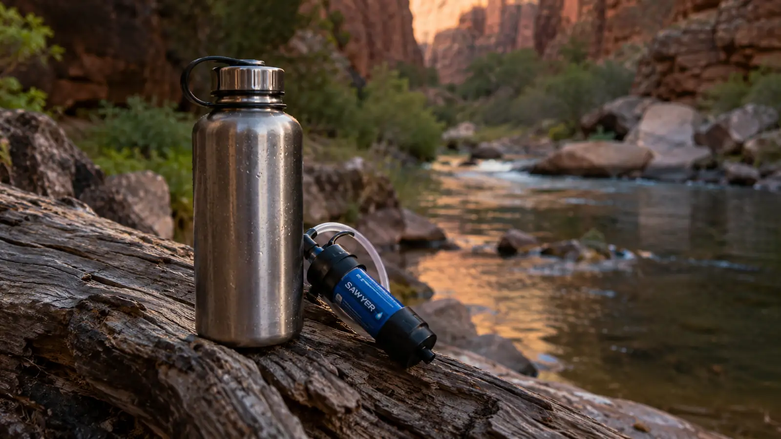 A canteen and a filter resting on a log beside a shaded creek in the desert