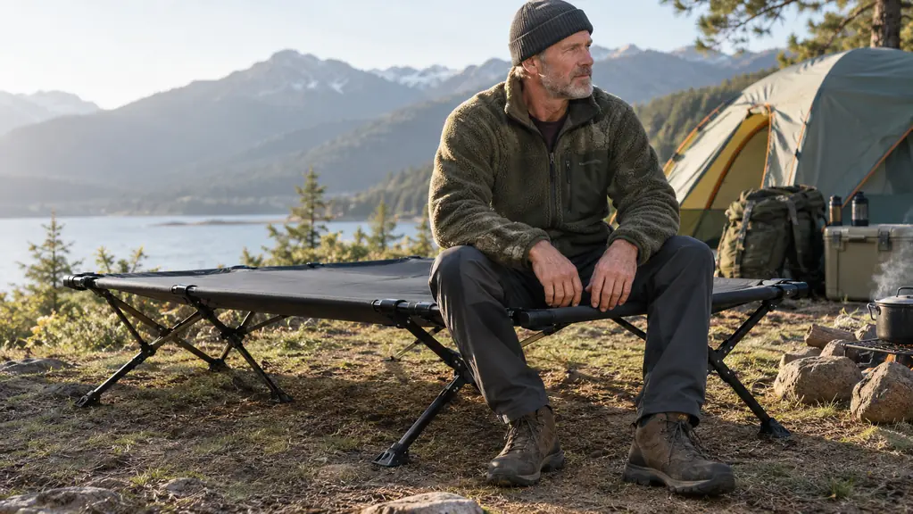 A camper sitting on the edge of a folding camp cot at a campsite in the morning