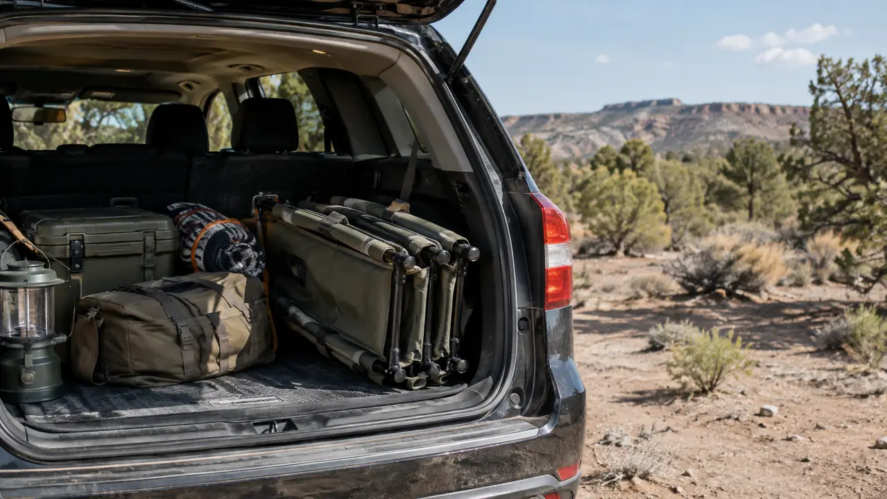 A folded camp cot packed in the back of an SUV beside camping gear, tailgate open, dry high desert landscape