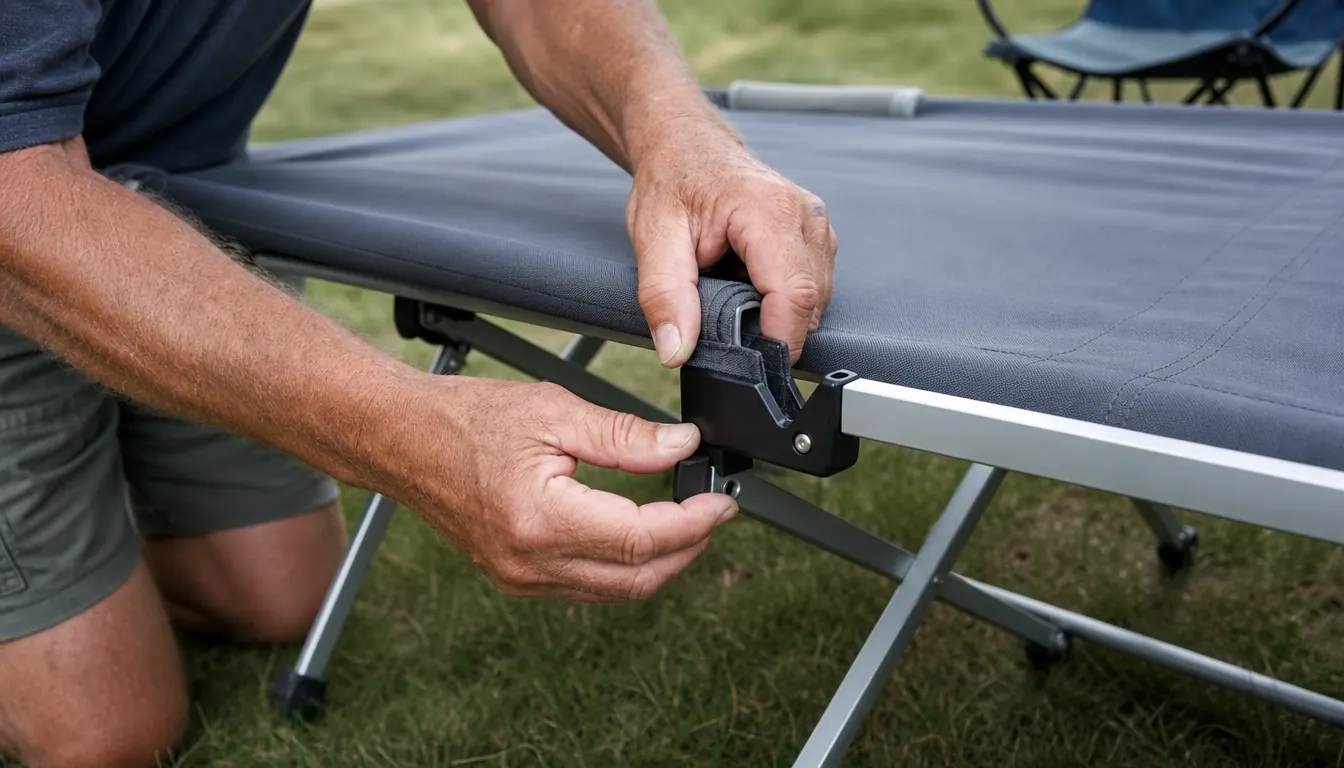 Hands seating one side rail of a folding cot into its frame during setup at a campsite
