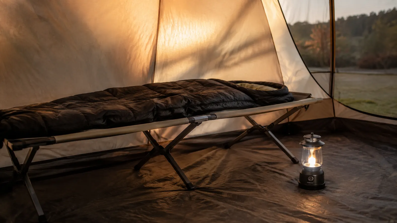A folding cot set up inside a tent with a sleeping bag and a small lantern, warm evening light
