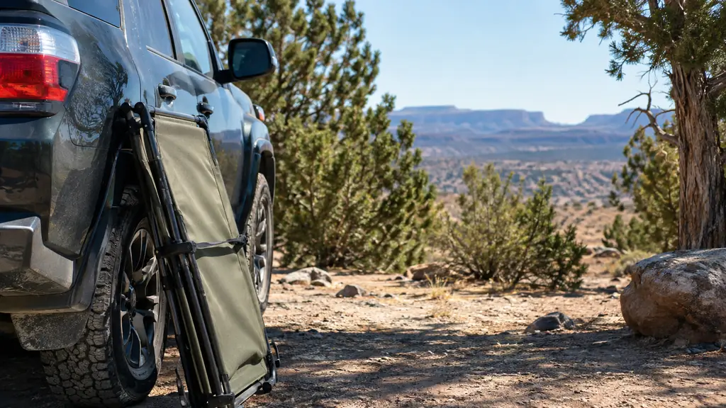 A folded cot leaning against a vehicle at a campsite