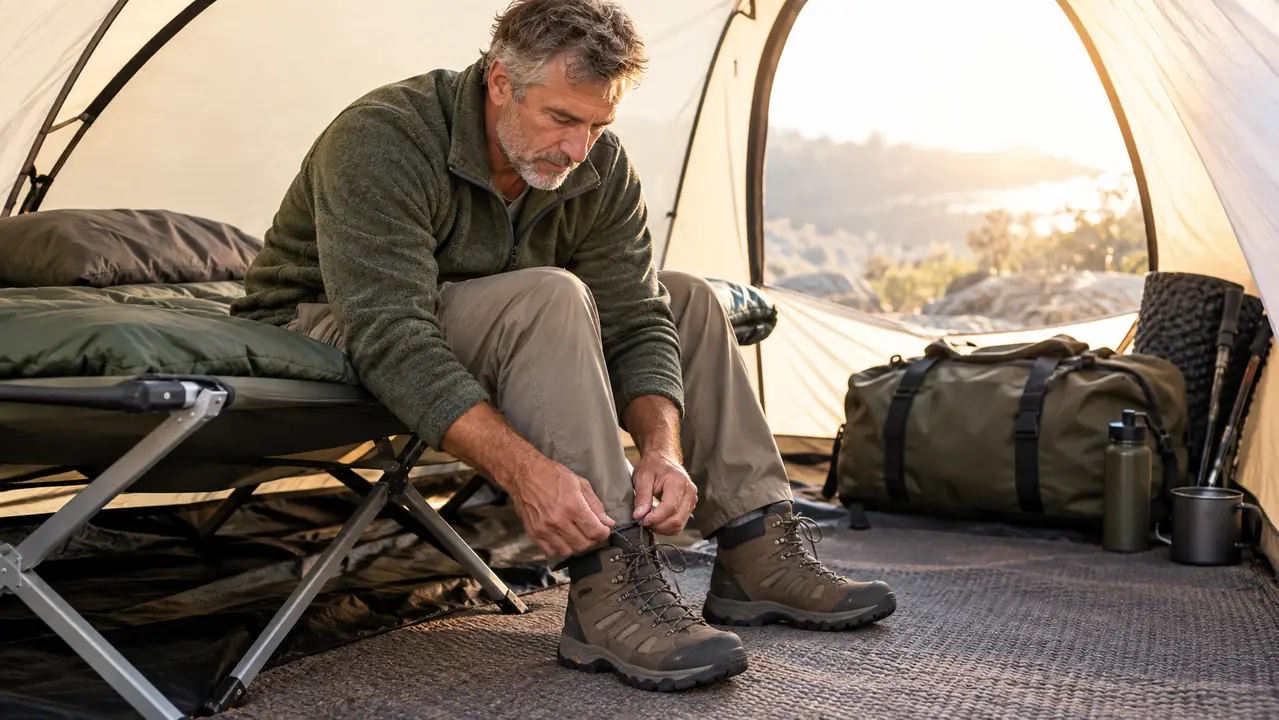 A camper sitting on the edge of a folding camp cot inside a tent, lacing hiking boots in the morning light