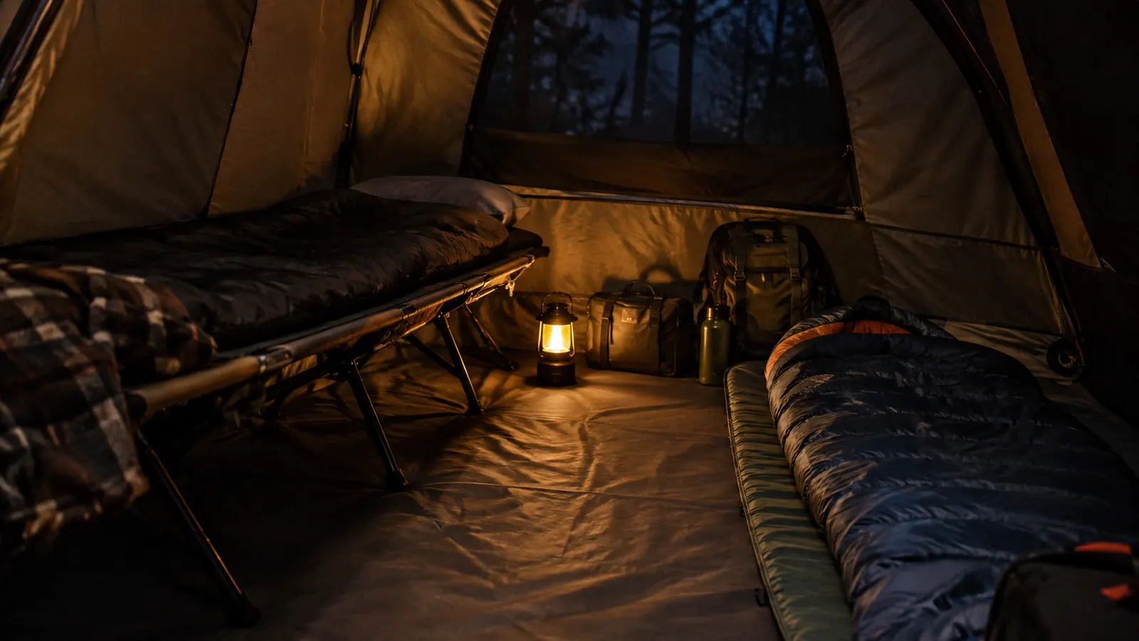 A tent interior with a folding camp cot on one side and a sleeping pad and sleeping bag on the other, lit by a lantern