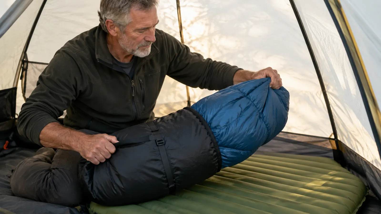 A camper unrolling a sleeping bag on a pad inside a tent in the morning