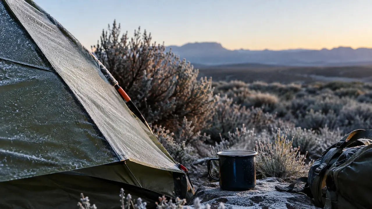 Early morning frost on a tent and a steaming camp mug at a high desert campsite