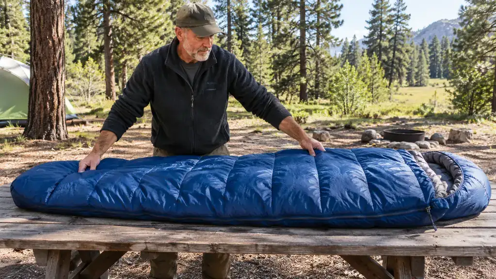 A person spreading a sleeping bag flat across a campsite picnic table to air it out on a sunny morning, with pine trees behind.