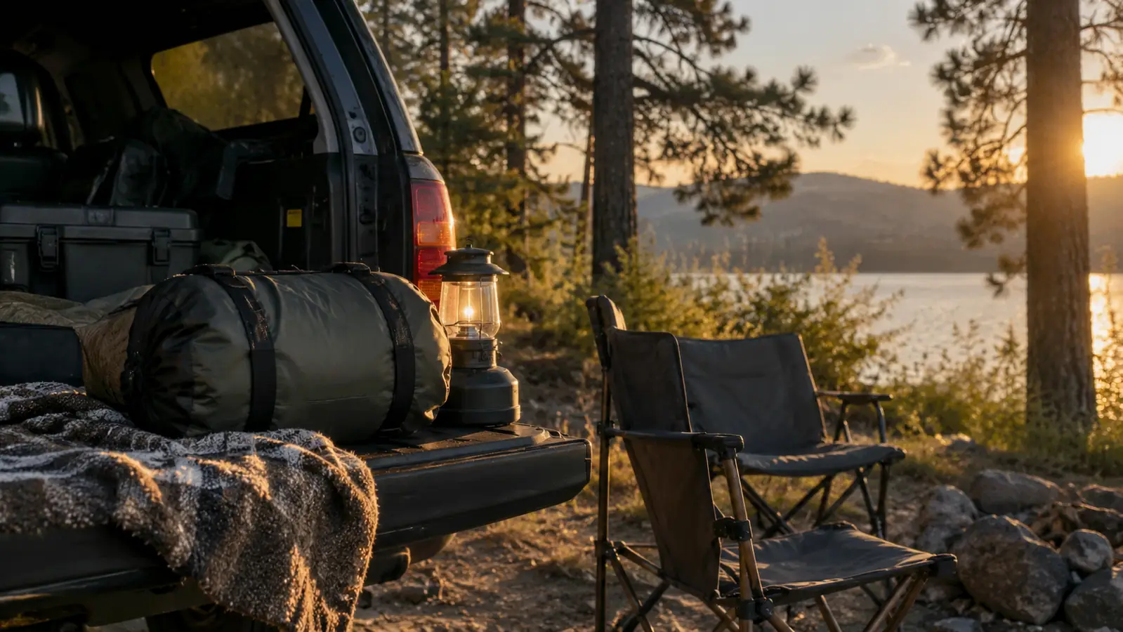 A rolled sleeping bag in its compression sack sitting on an SUV tailgate beside a camp chair and a lantern in late afternoon light.