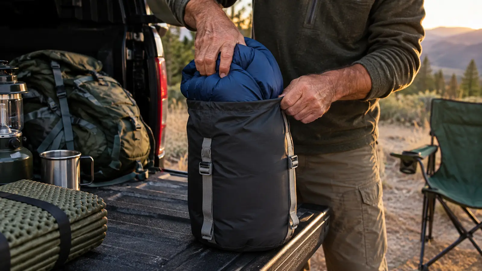 A hand stuffing a sleeping bag into a compression sack on an SUV tailgate