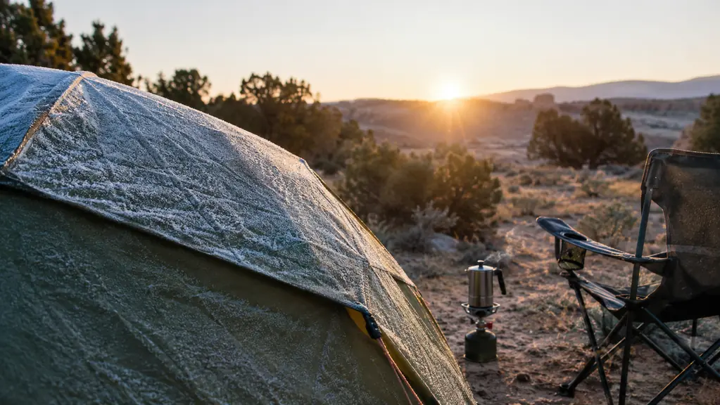 Frost on a tent fly at first light with a camp stove and coffee pot nearby