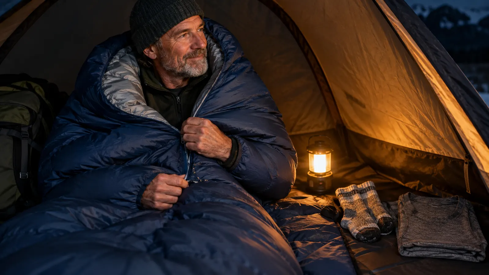 A camper zipping up a thick cold weather sleeping bag inside a tent by lantern light
