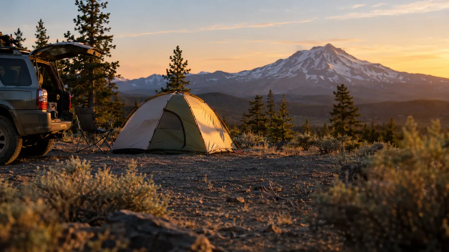 A two-person tent pitched on a high desert flat at golden hour with a vehicle parked alongside and a snow-streaked peak on the horizon