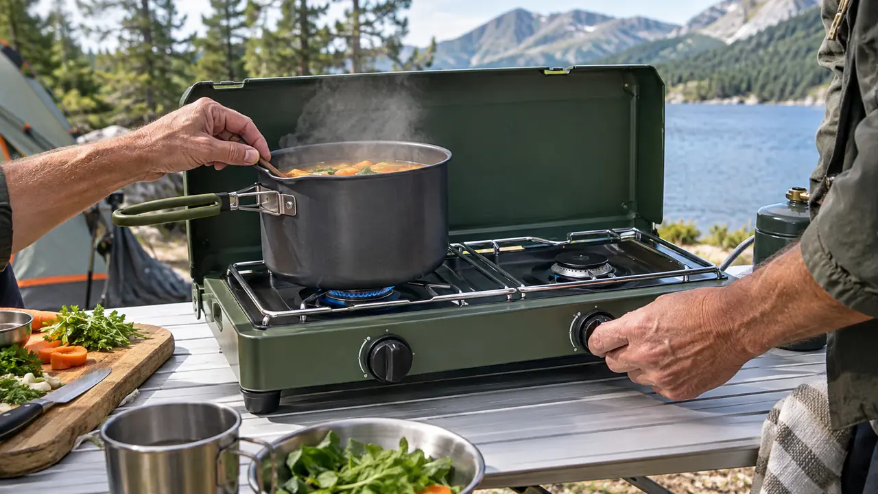 A hand turning the control knob on a two-burner camp stove with a pot simmering on the grate