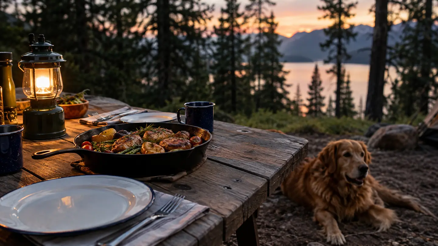 A full meal in a cast iron skillet on a picnic table at dusk with a glowing camp lantern