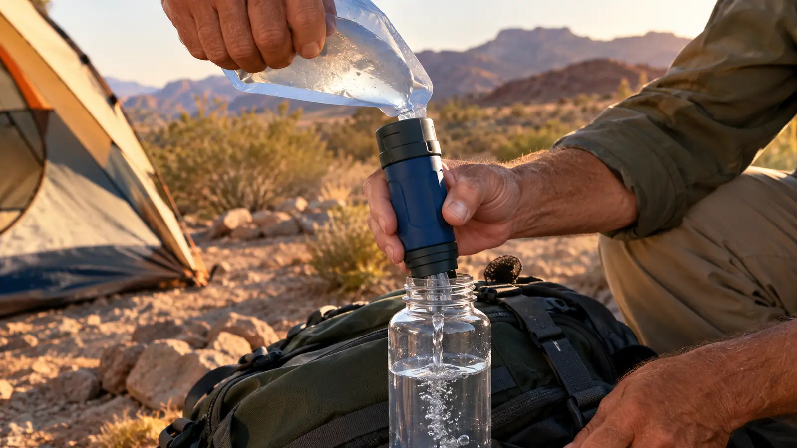 Hands squeezing a water pouch through a portable squeeze filter into a clear bottle on a pack