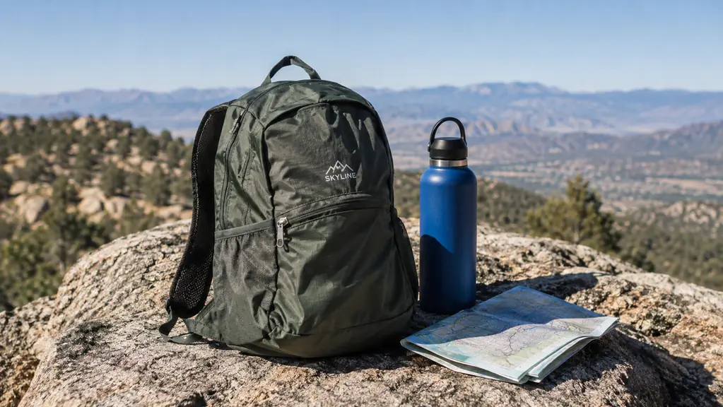 A daypack resting on a granite boulder with a water bottle and a map beside it