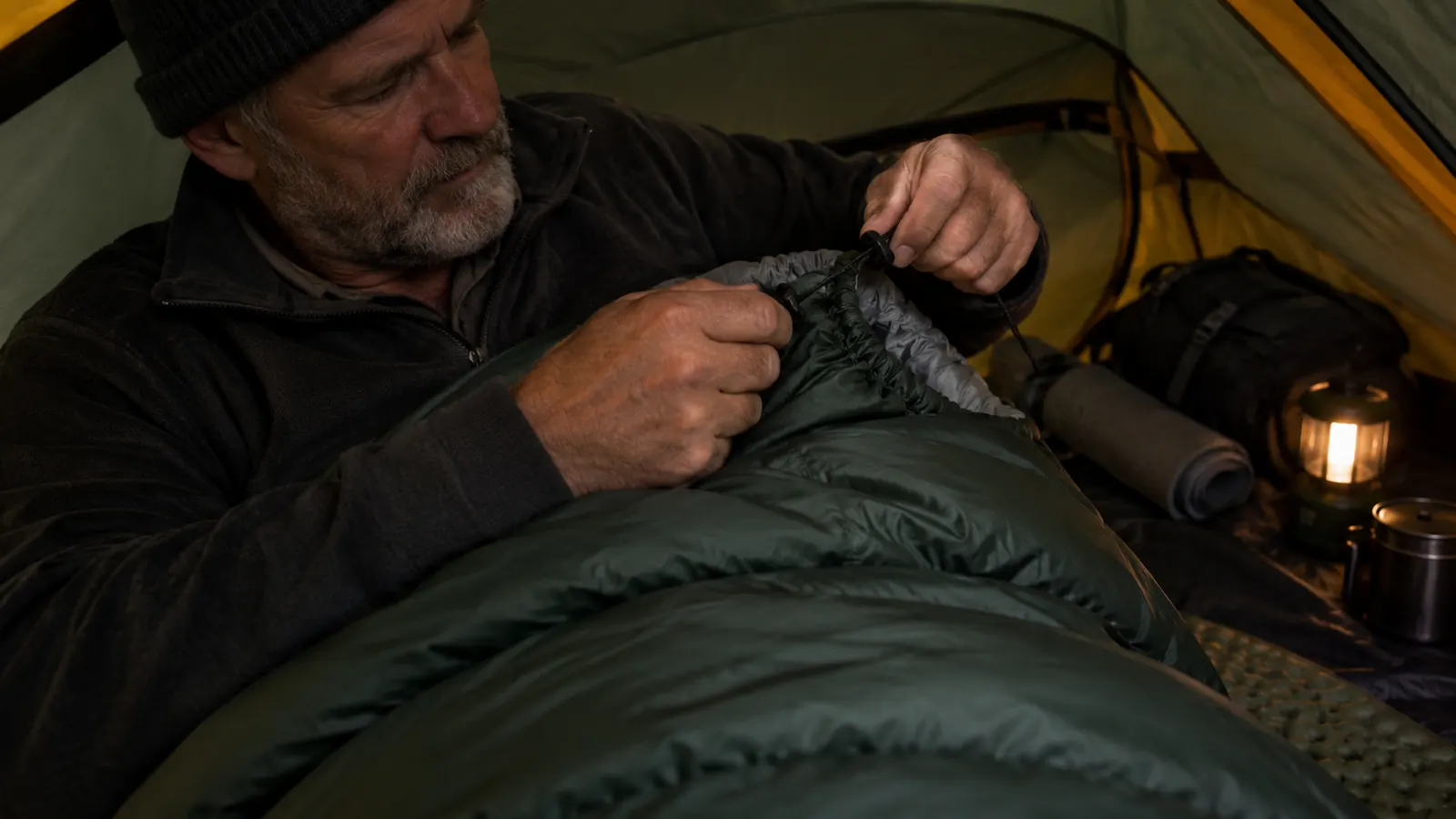 A hand cinching the top of a sleeping bag closed from inside, dim tent light with camping gear nearby