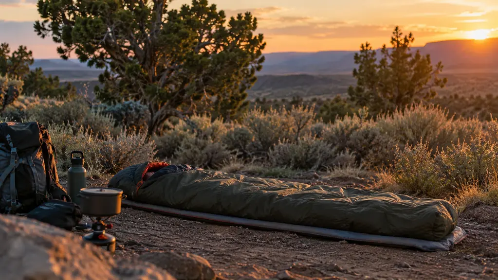 A sleeping bag laid out flat on a ground pad at a high desert campsite at dusk, juniper and sagebrush in the background