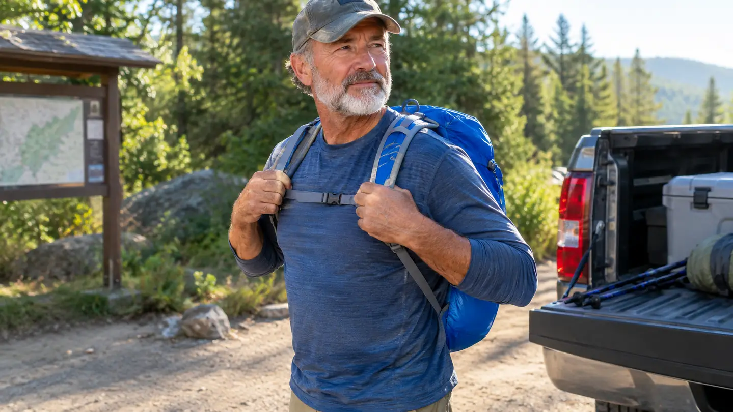 A hiker adjusting the straps of a packable daypack at a trailhead