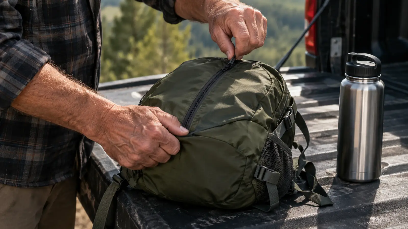 a hand closing the zipper on a small packable daypack resting on a vehicle tailgate