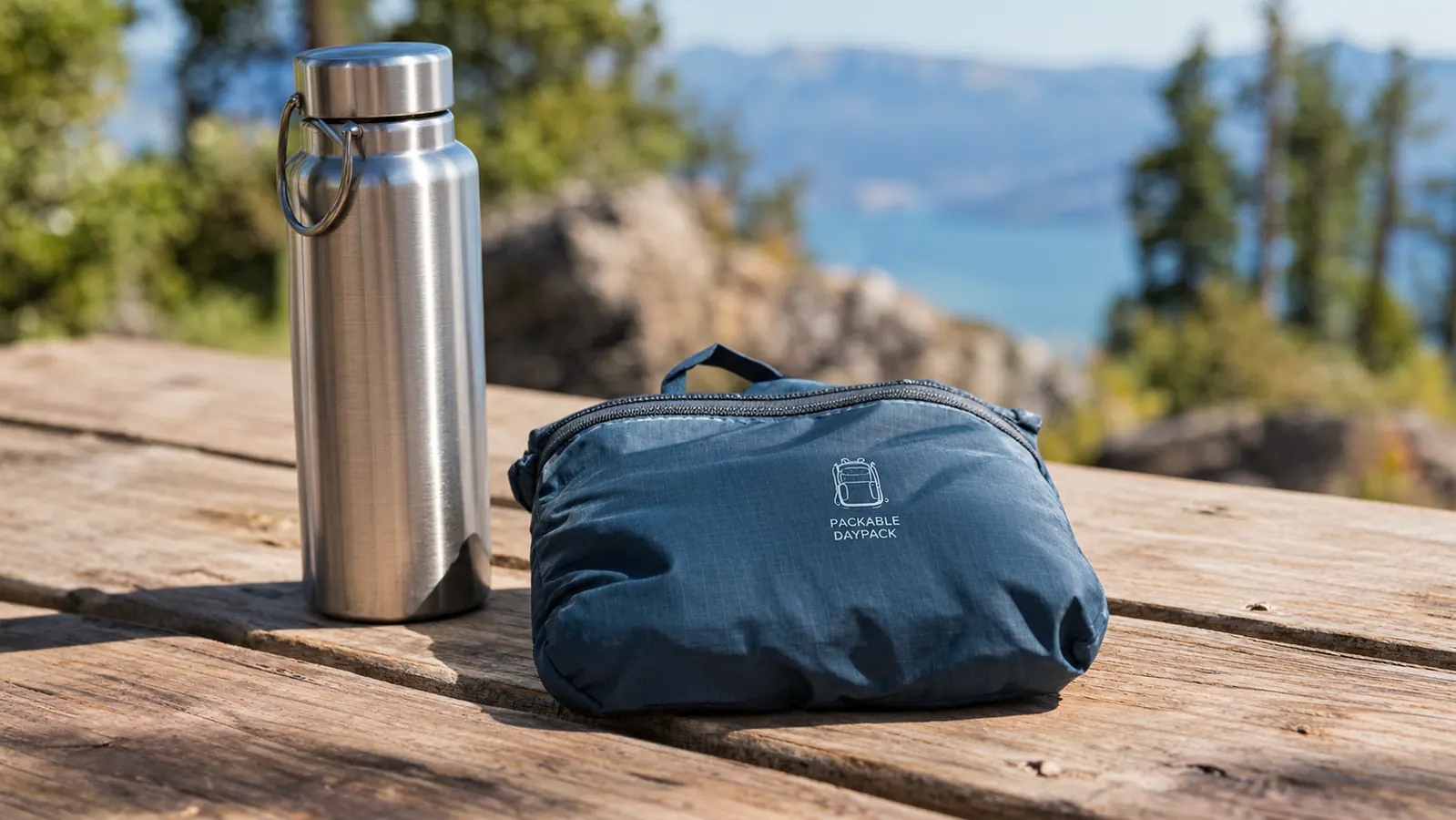 a folded packable daypack lying flat on a wooden picnic table beside a stainless water bottle