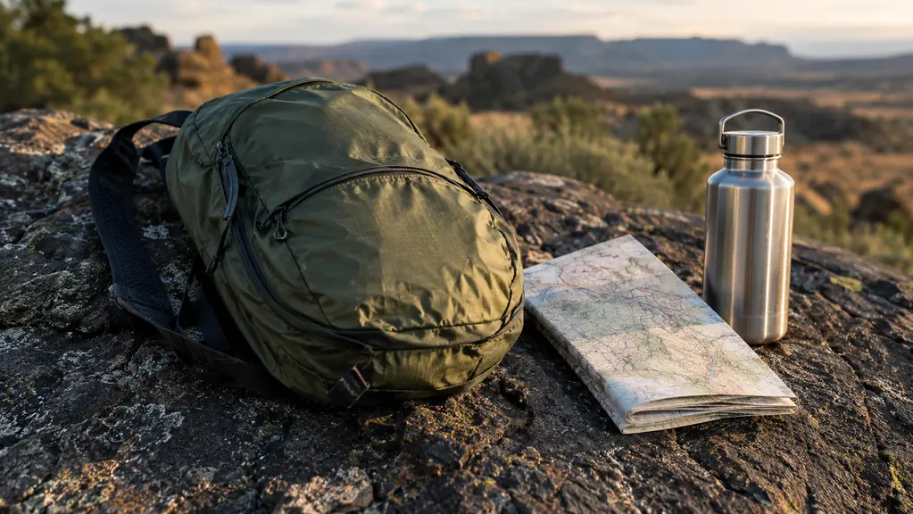 A small packable daypack resting flat on a basalt rock beside a folded trail map and a stainless water bottle