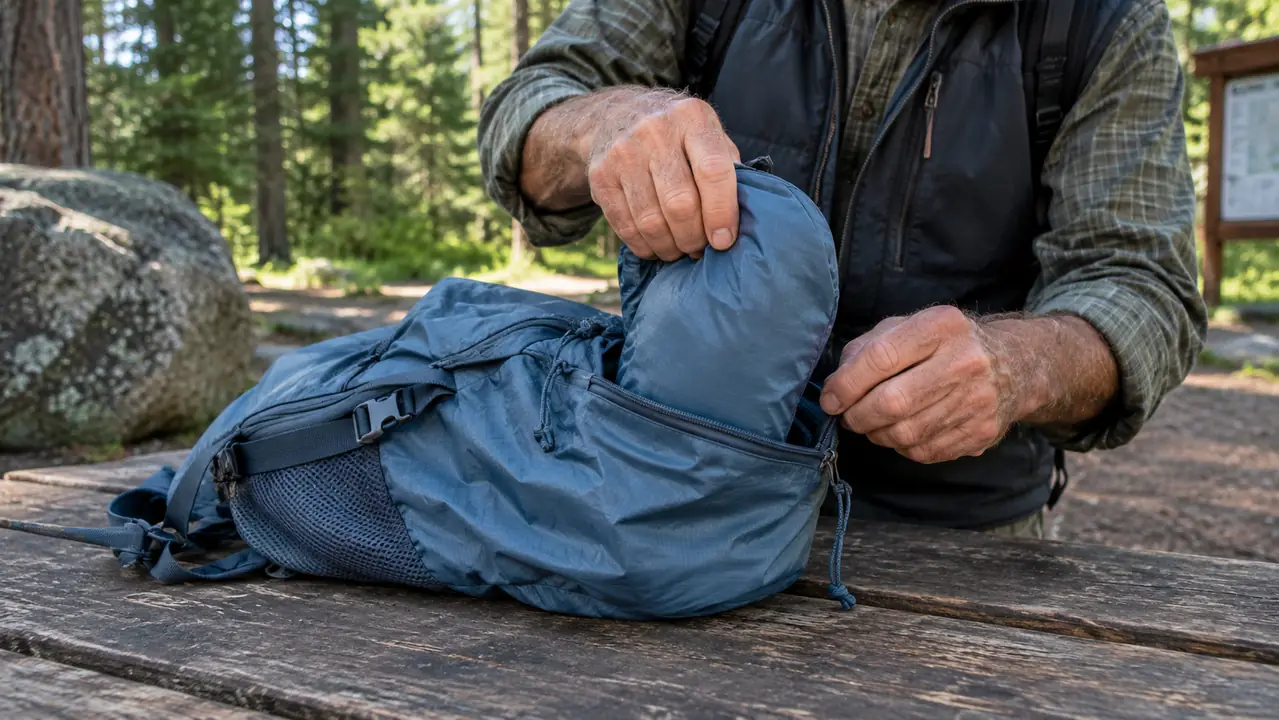 A person folds a packable daypack into its own small front pocket on a picnic table at a trailhead.