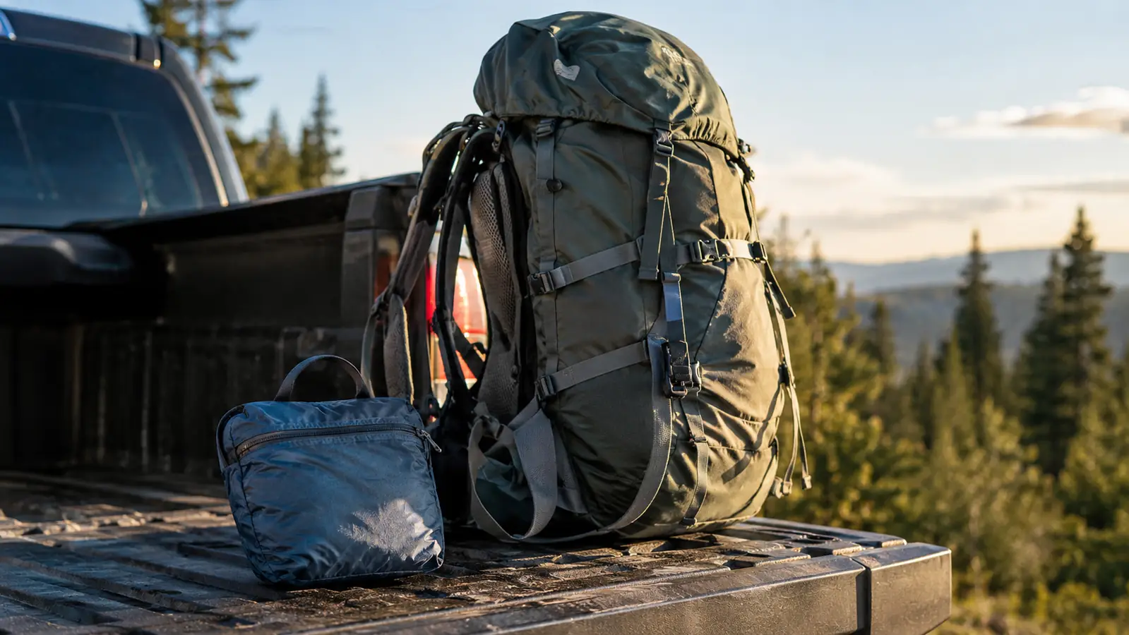A small folded packable daypack lies on a tailgate beside a much larger full-size hiking backpack in late afternoon light.