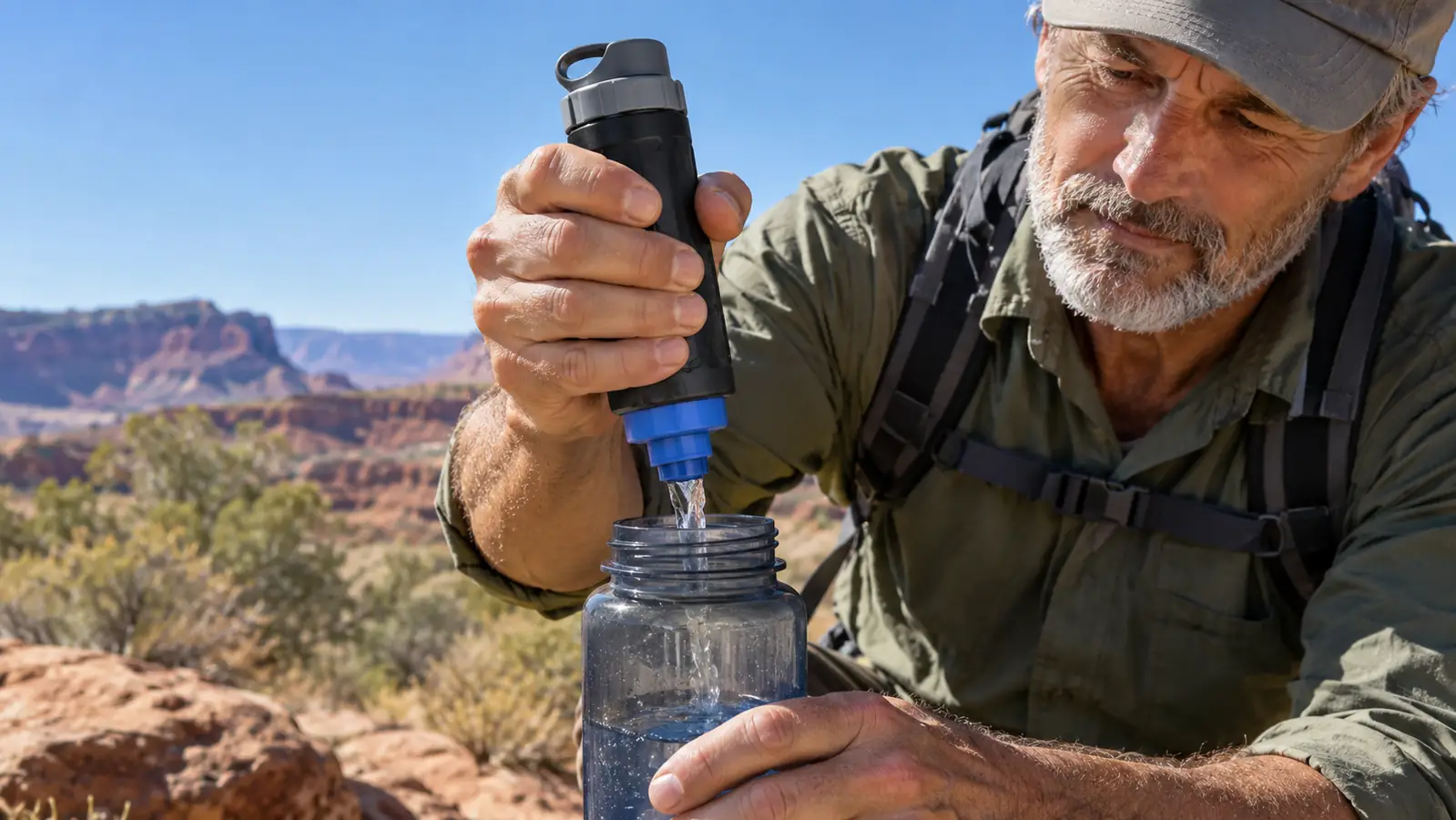 A hiker squeezing filtered water into a bottle at a trailhead