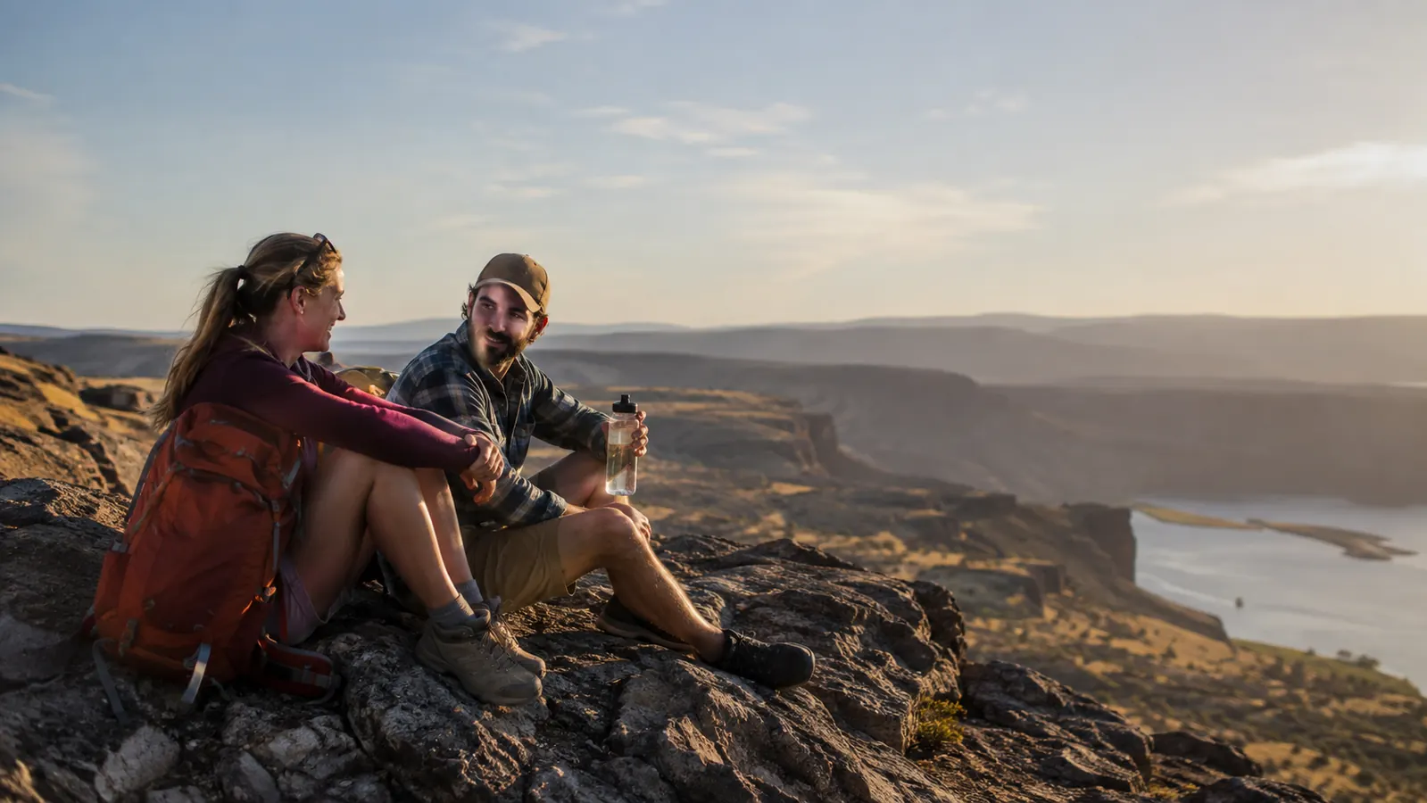 Two hikers resting on a rocky overlook with a clear water bottle in the foreground
