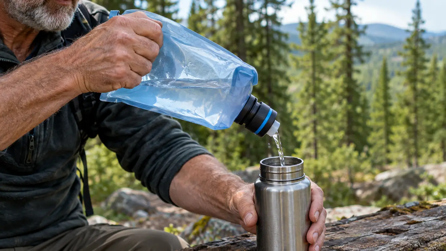 A hand squeezing a soft water pouch with the filter attached, a stream of clear water falling into a stainless steel bottle on a log