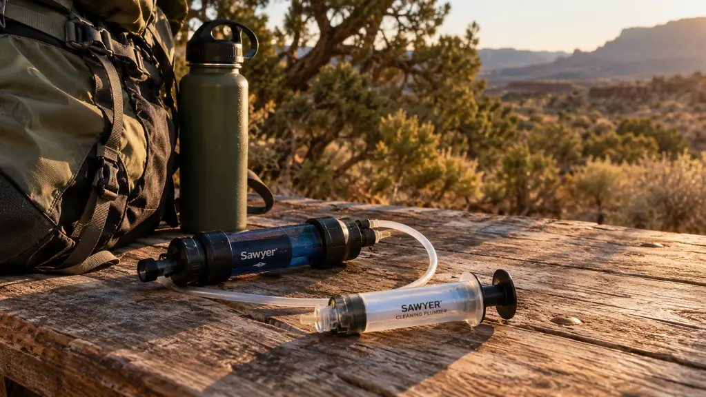 A water filter and backflush syringe laid out on a wooden camp table beside a backpack and a water bottle, golden late-afternoon light