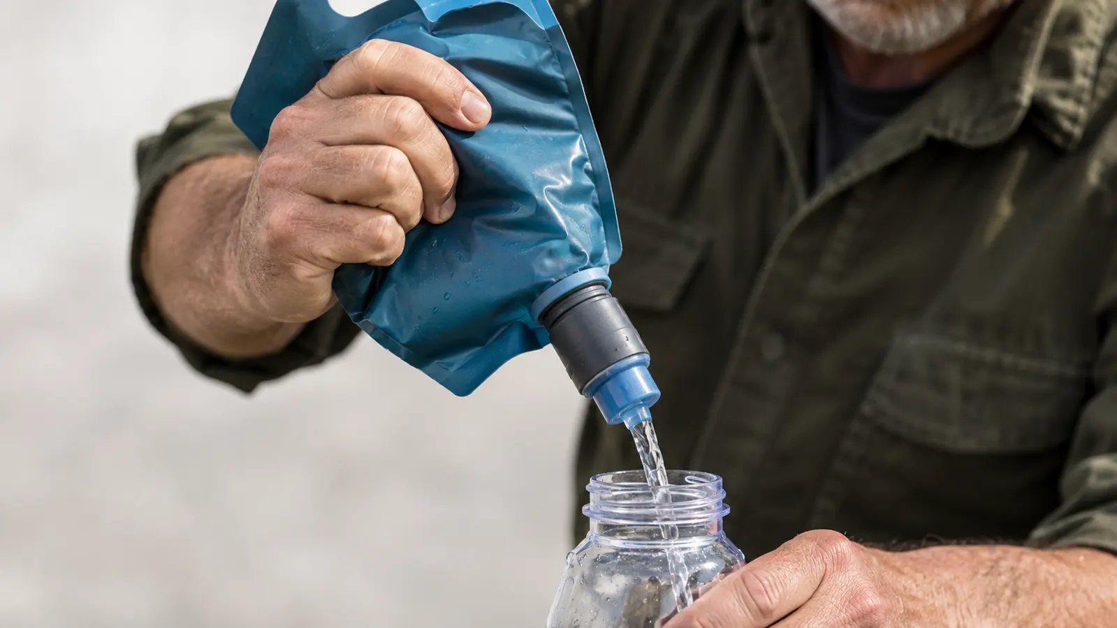 Close-up of hands squeezing a soft pouch to push water through the filter into a wide-mouth bottle