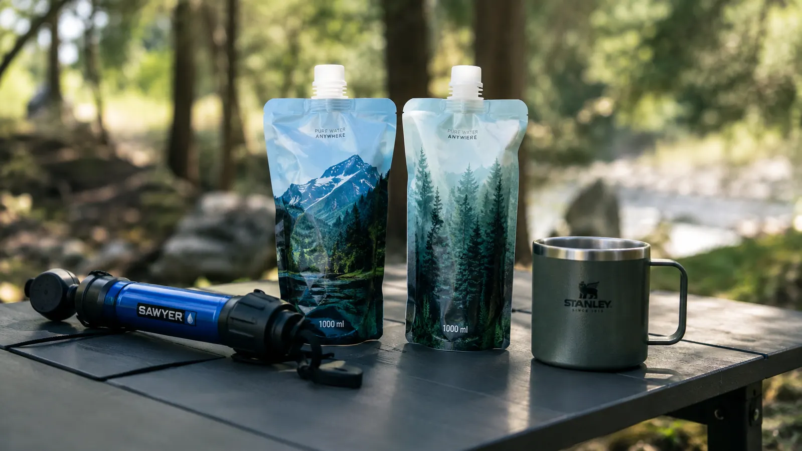 A camping table with a water filter, two collapsible pouches, and a metal mug, morning light, forest edge
