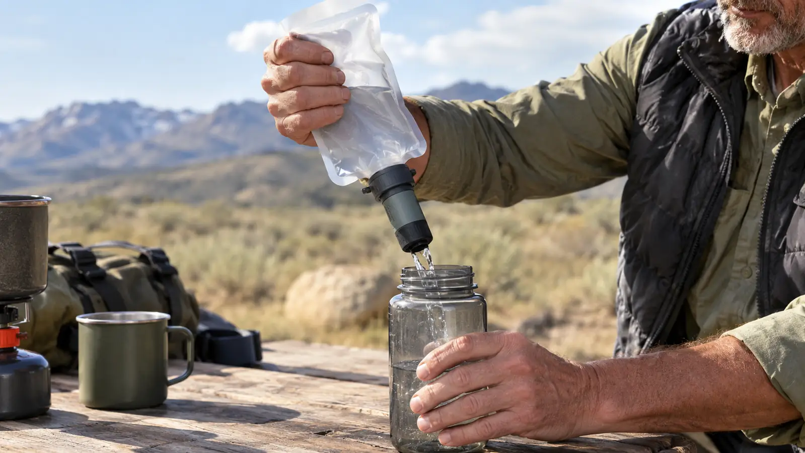 A hand squeezing a filled water pouch through its filter into a wide mouth bottle on a wooden camp table