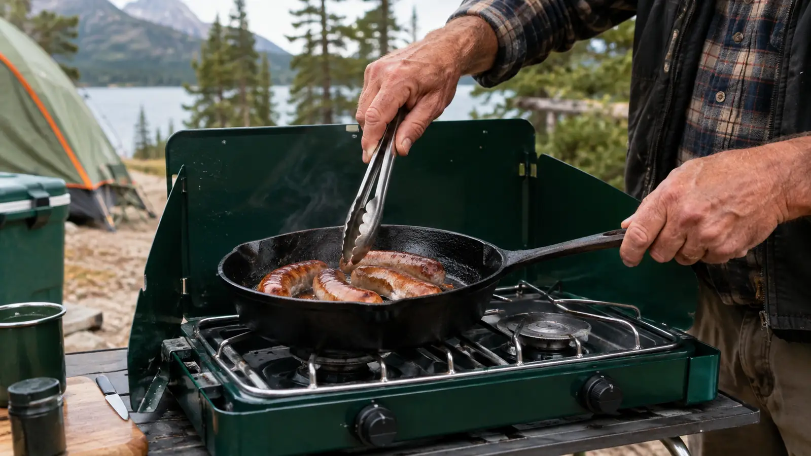 Hands cooking sausage in a cast iron skillet on a two-burner camp stove at a campsite.