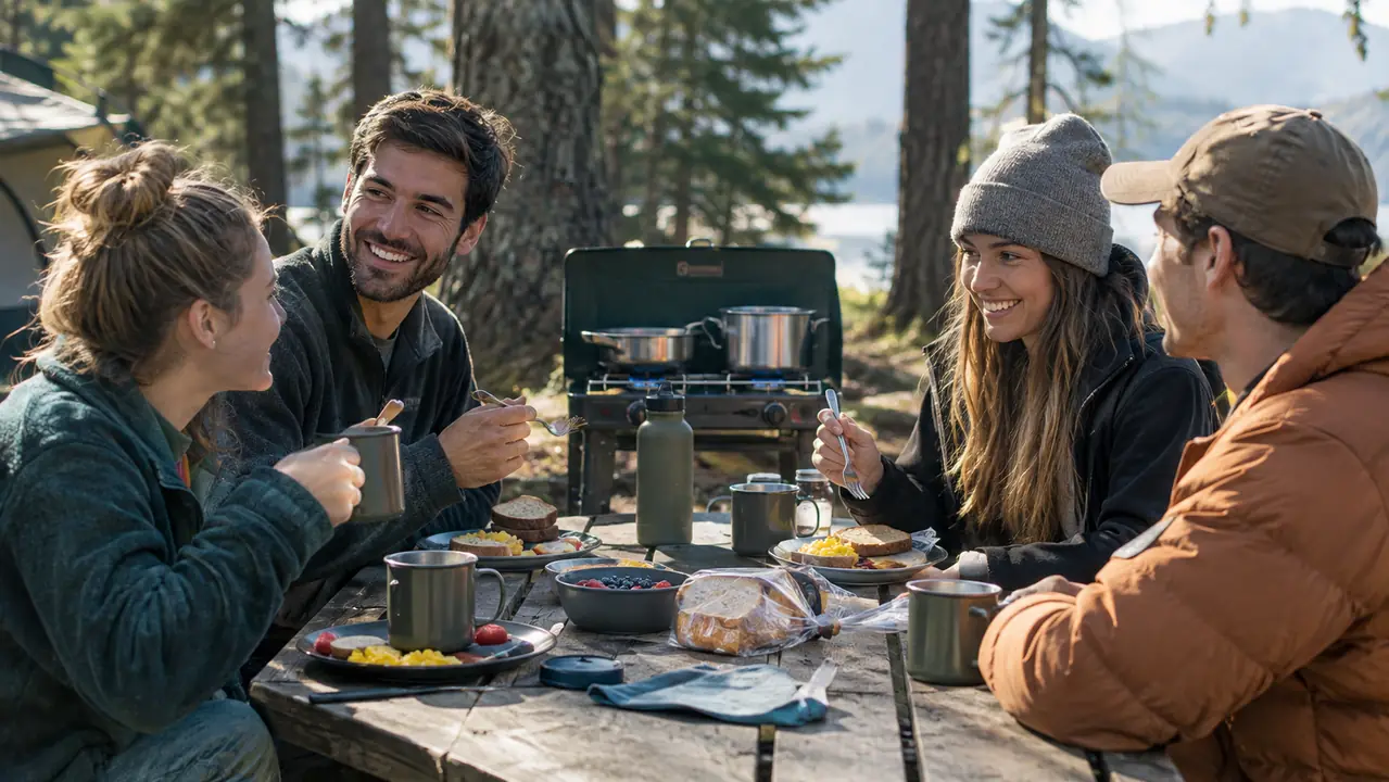 Campers eating breakfast at a picnic table with a two-burner stove nearby.
