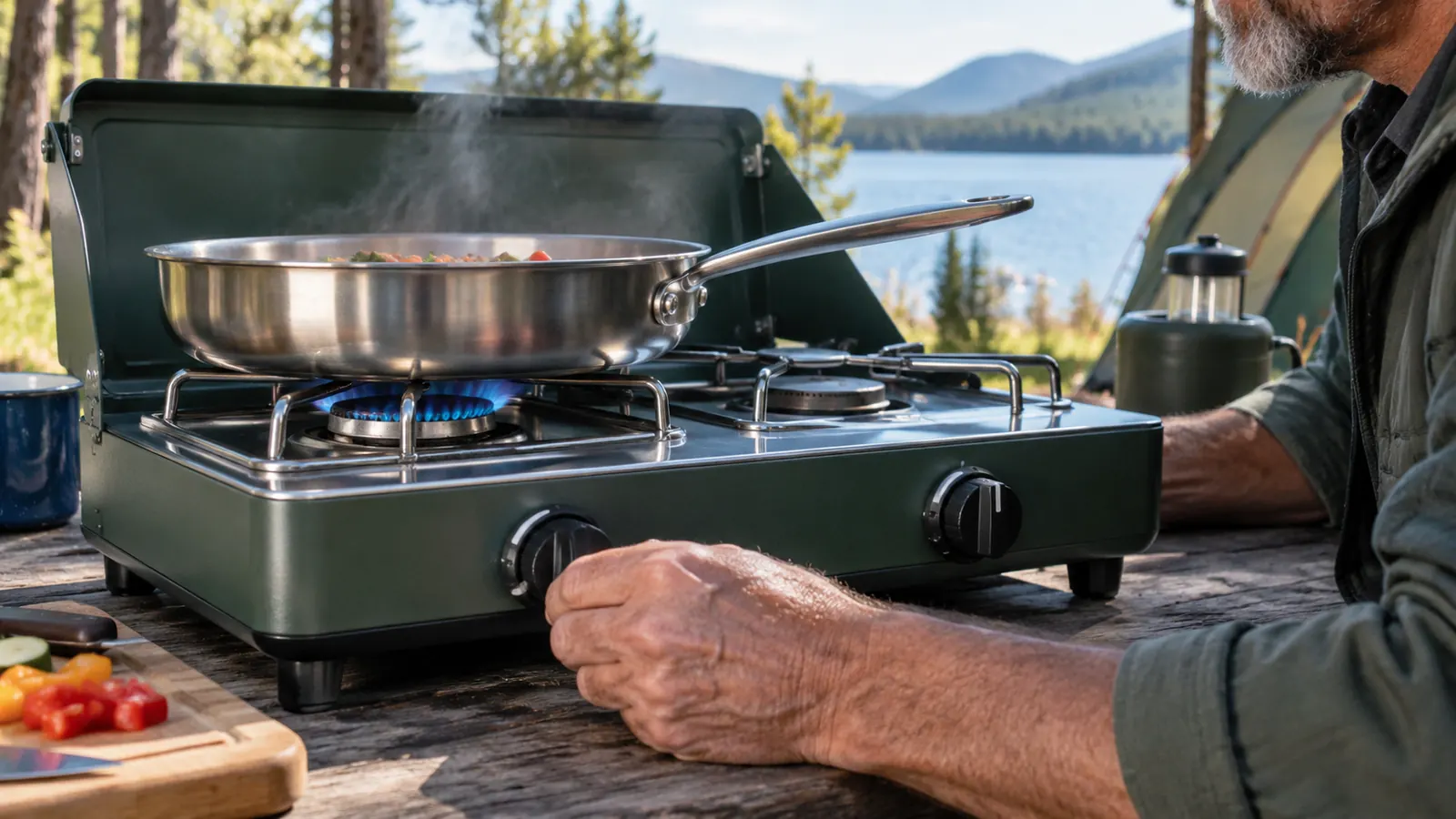 a camper's hand adjusting the knob on a two-burner propane camp stove, a stainless steel pan on the burner