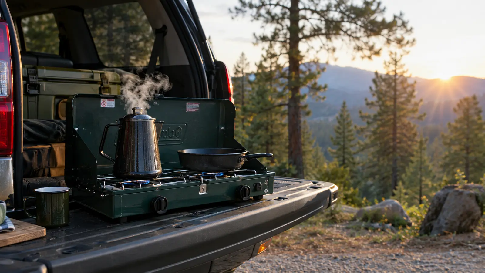 a two-burner propane camp stove on the open tailgate of an SUV at a campsite in the morning, a coffee pot on one burner