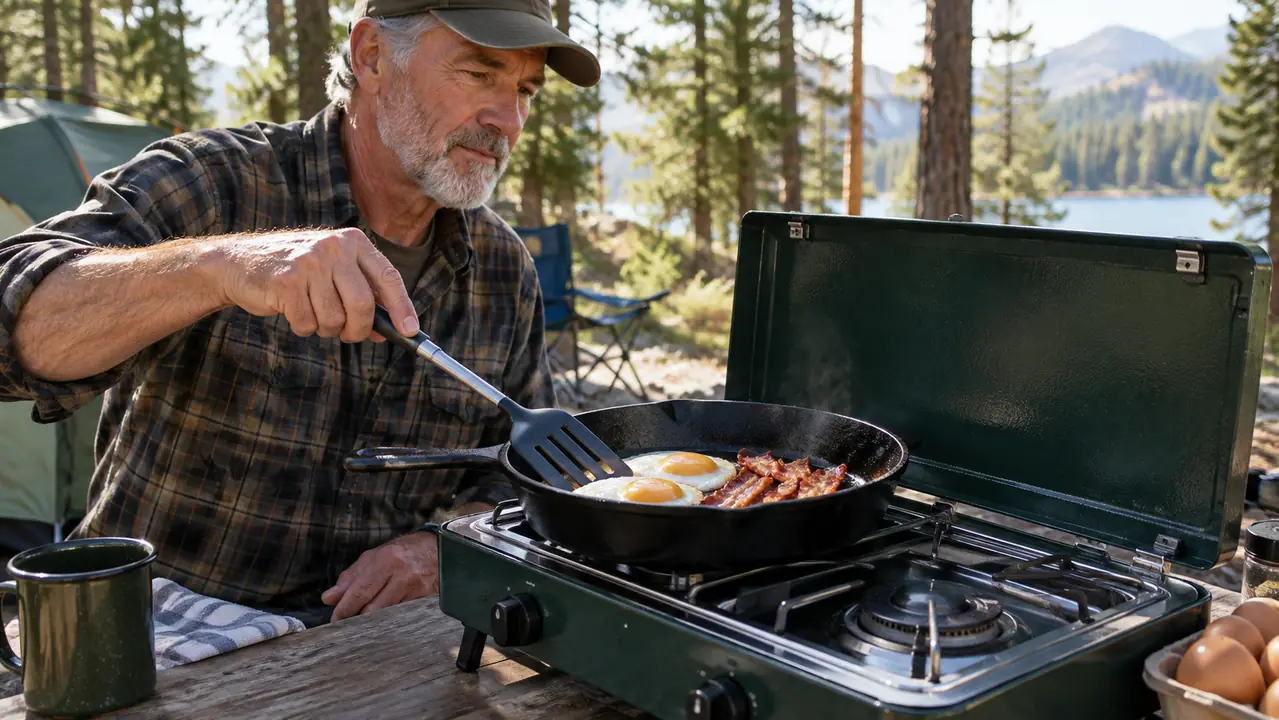 Hand holding a spatula over a cast iron skillet on a two-burner camp stove at a forest campsite in morning light