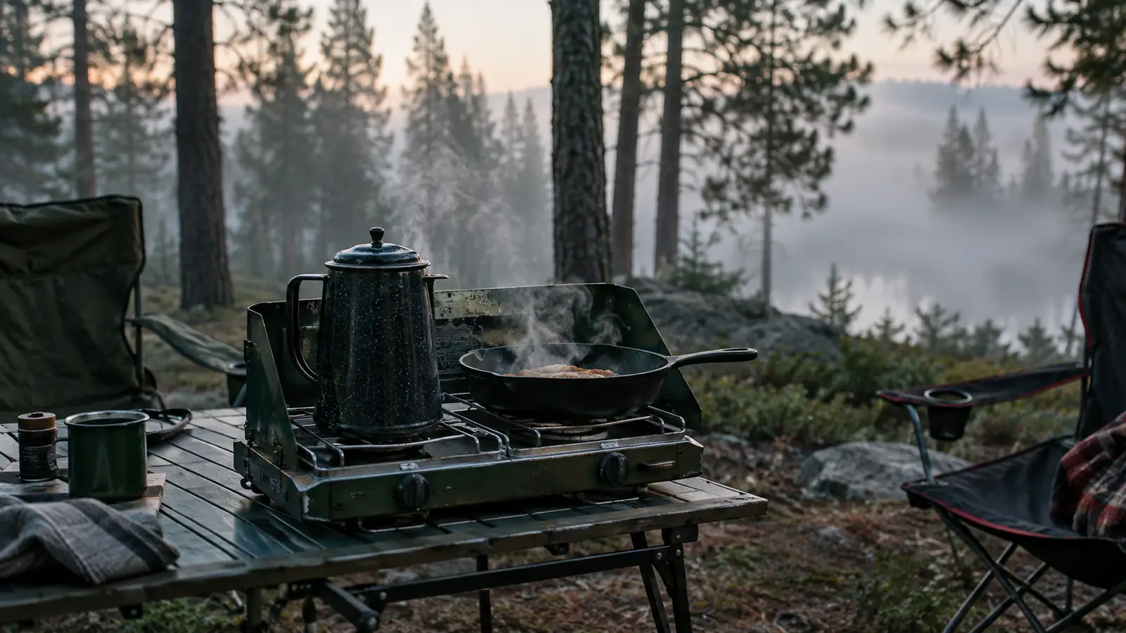 Two-burner camp stove with a coffee percolator and a skillet on a camp table in early morning forest fog